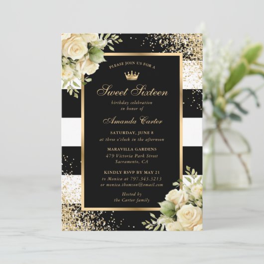 黒エレガント金ゴールドフローラSweet sixteen誕生日 招待状 (スタンド正面)