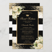 黒エレガント金ゴールドフローラSweet sixteen誕生日 招待状 (正面/裏面)