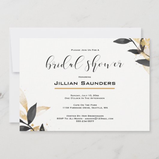 黒エレガント金ゴールドブライダルシャワー 招待状 (正面)