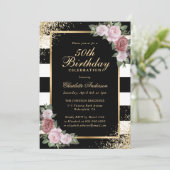 黒エレガント金ゴールドブラックピンクフローラ50誕生日 招待状 (スタンド正面)