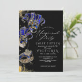 黒エレガント金ゴールドブルーマスカレード16誕生日 招待状 (スタンド正面)