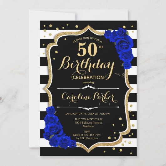 黒エレガント金ゴールドブ王室のルーフォト50誕生日 招待状 (正面)