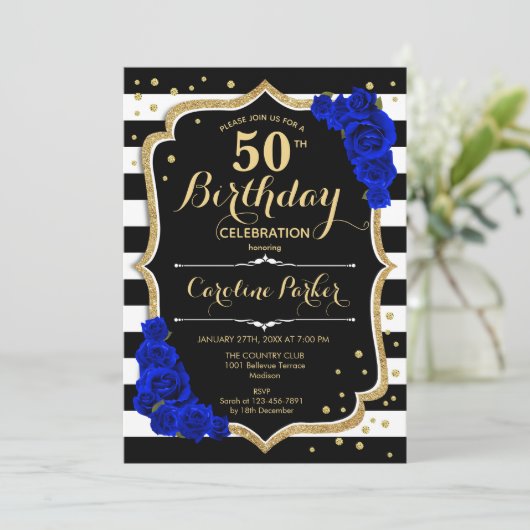 黒エレガント金ゴールドブ王室のルーフォト50誕生日 招待状 (スタンド正面)