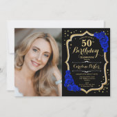 黒エレガント金ゴールドブ王室のルーフォト50誕生日 招待状 (正面)