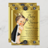 黒エレガント金ゴールドプリンス宝石ベビーシャワー 招待状 (正面/裏面)