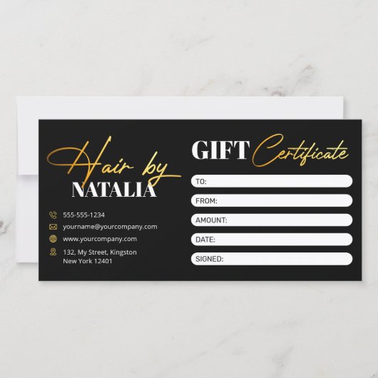 黒エレガント金ゴールドヘアサロンギフト証明書 (正面)