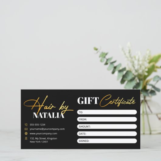 黒エレガント金ゴールドヘアサロンギフト証明書 (スタンド正面)