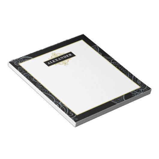 黒エレガント金ゴールドペイズリーカスタマイズ可能モノグラム ノートパッド (アングル)
