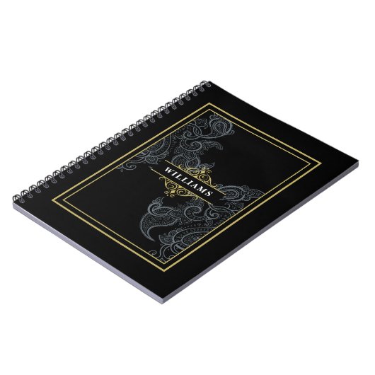 黒エレガント金ゴールドペイズリーモノグラムの ノートブック (左側)