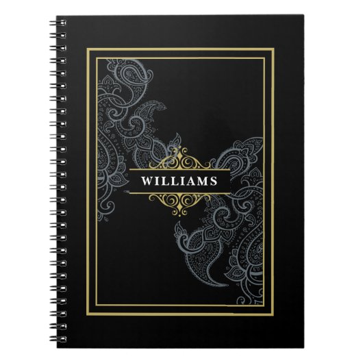 黒エレガント金ゴールドペイズリーモノグラムの ノートブック (正面)