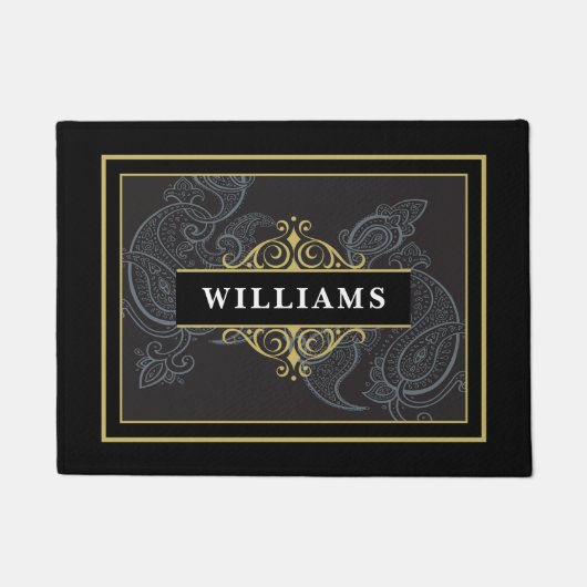 黒エレガント金ゴールドペイズリーモノグラム ドアマット (正面)