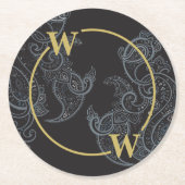 黒エレガント金ゴールドペイズリーモノグラム ラウンドペーパーコースター (正面)