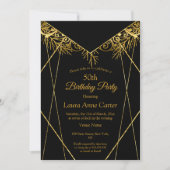黒エレガント金ゴールドホイフェイクル50th誕生日パーティー 招待状 (正面)