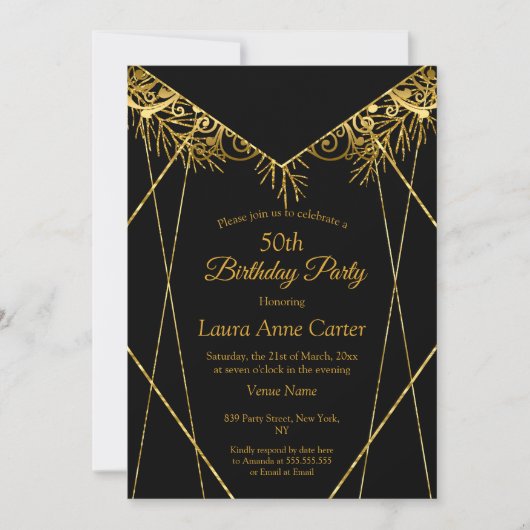 黒エレガント金ゴールドホイフェイクル50th誕生日パーティー 招待状 (正面)