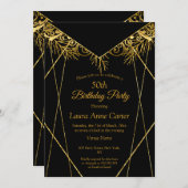 黒エレガント金ゴールドホイフェイクル50th誕生日パーティー 招待状 (正面/裏面)
