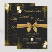 黒エレガント金ゴールドホイルフェイクスの結婚Invita 招待状 (正面/裏面)