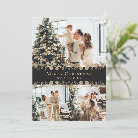 黒エレガント金ゴールドホリープライド写真クリスマス シーズンカード (スタンド正面)