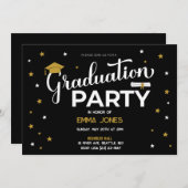 黒エレガント金ゴールドホワイトスターズタッセル卒業 招待状 (正面/裏面)