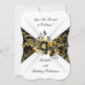 黒エレガント金ゴールドホワイトフローラ誕生日パーティー 招待状