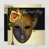 黒エレガント金ゴールドマスカレードパーティの招待状 招待状 (正面/裏面)