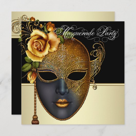 黒エレガント金ゴールドマスカレードパーティの招待状 招待状 (正面/裏面)