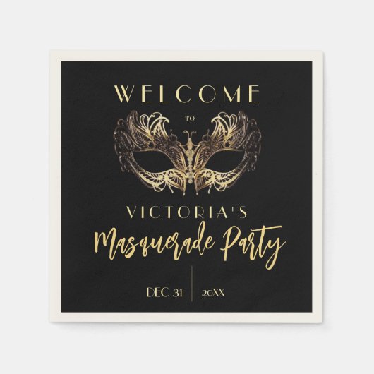 黒エレガント金ゴールドマスカレードパーティー誕生日 スタンダードカクテルナプキン (正面)