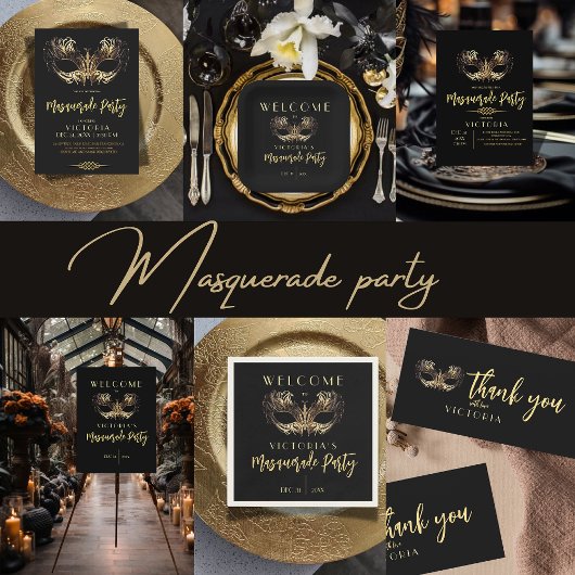 黒エレガント金ゴールドマスカレードパーティー誕生日 招待状