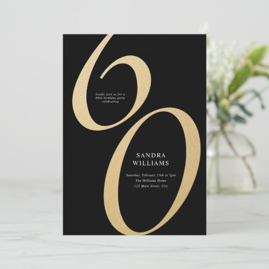 黒エレガント金ゴールドミニマル60誕生日 招待状 (スタンド正面)