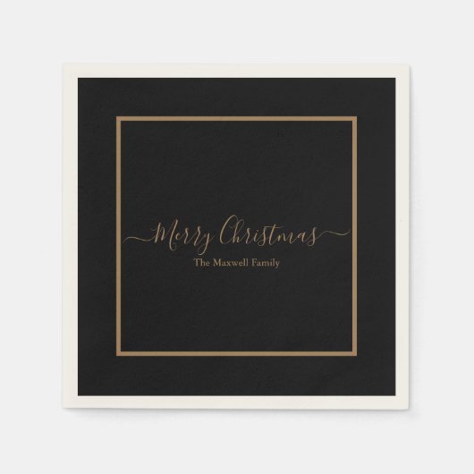 黒エレガント金ゴールドメリークリスマスの姓 スタンダードカクテルナプキン (正面)