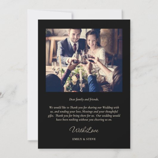 黒エレガント金ゴールドモダンボタニカル結婚写真 サンキューカード (裏面)