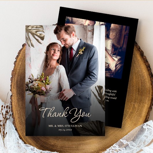 黒エレガント金ゴールドモダンボタニカル結婚写真 サンキューカード