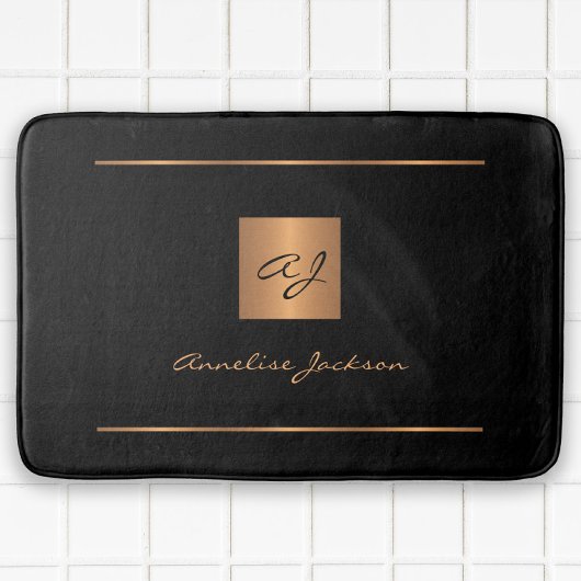 黒エレガント金ゴールドモノグラムの名モダン バスマット