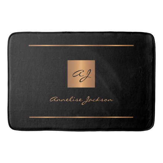 黒エレガント金ゴールドモノグラムの名モダン バスマット (正面)