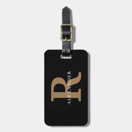 黒エレガント金ゴールドモノグラムはっきりしたタイポグラフィ名 ラゲッジタグ (正面縦)