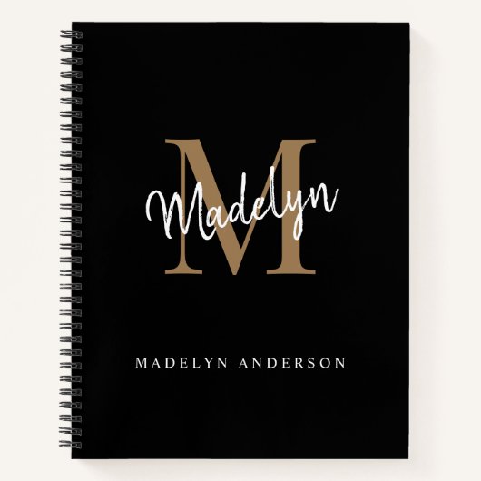 黒エレガント金ゴールドモノグラムイニシャルスクリプト名 ノートブック (正面)