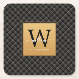 黒エレガント金ゴールドモノグラムイニシャルスクリプモダント スクエアペーパーコースター