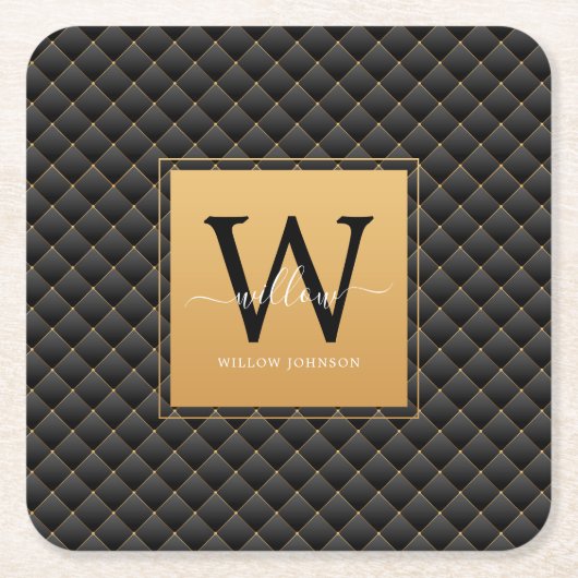 黒エレガント金ゴールドモノグラムイニシャルスクリプモダント スクエアペーパーコースター (正面)