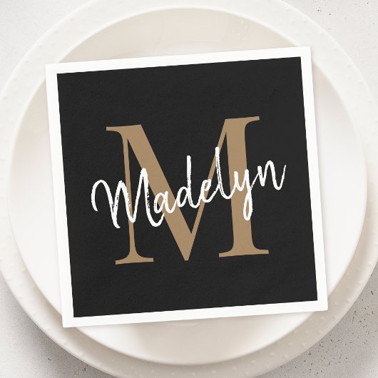 黒エレガント金ゴールドモノグラムガーリースクリプト誕生日 スタンダードカクテルナプキン