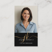 黒エレガント金ゴールドモノグラムスクリプトイニシャル写真 名刺 (正面)