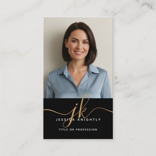 黒エレガント金ゴールドモノグラムスクリプトイニシャル写真 名刺 (正面)