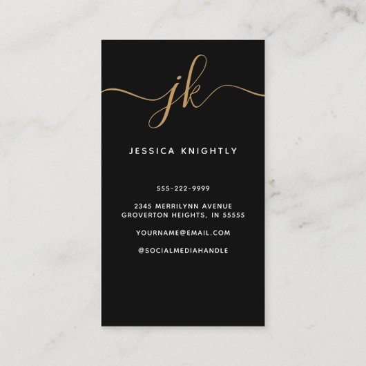 黒エレガント金ゴールドモノグラムスクリプトイニシャル写真 名刺 (裏面)