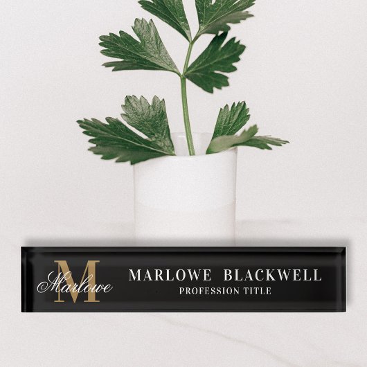 黒エレガント金ゴールドモノグラムスクリプトデスク デスクネームプレート