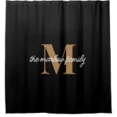 黒エレガント金ゴールドモノグラムスクリプトファミリ名 シャワーカーテン (正面)