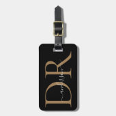 黒エレガント金ゴールドモノグラムスクリプト名スタイリッシュ ラゲッジタグ (正面縦)