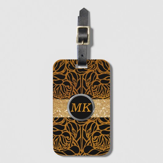 黒エレガント金ゴールドモノグラムスクリプト名スタイリッシュ ラゲッジタグ (正面縦)
