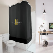 黒エレガント金ゴールドモノグラムモダンスクリプトカスタム シャワーカーテン