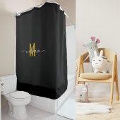 黒エレガント金ゴールドモノグラムモダンスクリプトカスタム シャワーカーテン