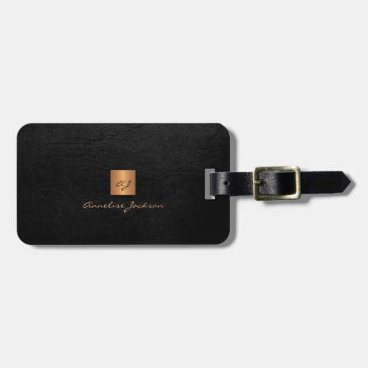 黒エレガント金ゴールドモノグラム名スクリプカスタムト ラゲッジタグ (正面横)