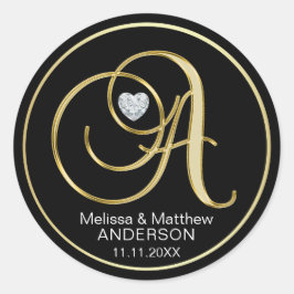 黒エレガント金ゴールドモノグラム文字Aハートダイヤモンド ラウンドシール