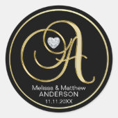 黒エレガント金ゴールドモノグラム文字Aハートダイヤモンド ラウンドシール (正面)